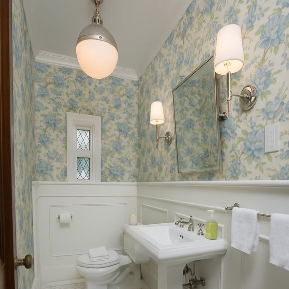 Vintage 1970s Blue Peony Motif Wallpaper - Picture 8 of 9